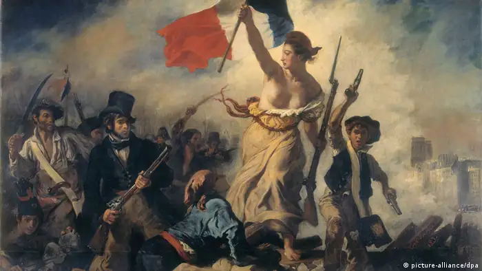 Delacroix, Die Freiheit fuehrt das Volk Delacroix, Eugene 1798-1863. Die Freiheit fuehrt das Volk, 1830. (Allegorie auf die Julirevolution 1830; mit Selbstbildnis). Oel/Lw., 260 x 325 cm. R.F. 129 Paris, Musee du Louvre. pixel Schlagworte REPUBLIK , MARIANNE (PERSONIFIKATION) , 1830-07-28 (EV) , 19. JAHRHUNDERT , EUGENE DELACROIX , FRAU , GESCHICHTE , AUFSTAND , MALEREI , MALER , FRANKREICH , PISTOLE , QUERFORMAT , KUENSTLER , REVOLUTION , CD , ALLEGORIE , WAFFE , DELACROIX,EUGENE , FAHNE , FRANZOESISCH , FREIHEIT , GEWEHR , SCHWERT
