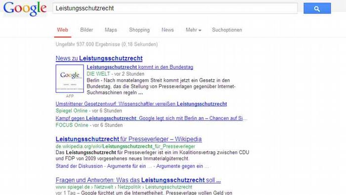 Screenshot Google Suche Leistungsschutzrecht Ergebnisse http://www.google.de/webhp?hl=de