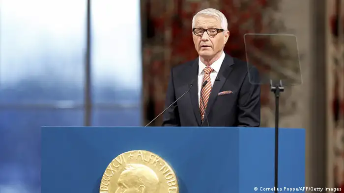 The Chairman of the Norwegian Nobel Committee, Thorbjoern Jagland, speaks during the Nobel Peace Prize ceremony at the Oslo City Hall in Oslo, Norway, on December 10, 2012. AFP PHOTO / POOL / CORNELIUS POPPE (Photo credit should read CORNELIUS POPPE/AFP/Getty Images)