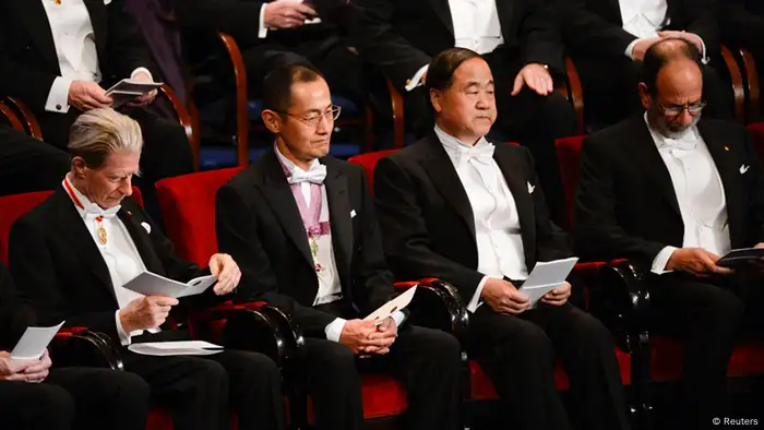 Laureates of the 2012 Nobel Prize for Physiology or Medicine John B. Gurdon (L) of Britain and Shinya Yamanaka of Japan (2nd L) sit with winner of the 2012 Nobel Prize for Literature Mo Yan (2nd R) of China and joint laureate for the 2012 Nobel Prize for Economic Alvin Roth of the U.S. during the Nobel Prize award ceremony at the Stockholm Concert Hall in Stockholm December 10, 2012. REUTERS/Henrik Montgomery/Scanpix (SWEDEN - Tags: SOCIETY) THIS IMAGE HAS BEEN SUPPLIED BY A THIRD PARTY. IT IS DISTRIBUTED, EXACTLY AS RECEIVED BY REUTERS, AS A SERVICE TO CLIENTS. SWEDEN OUT. NO COMMERCIAL OR EDITORIAL SALES IN SWEDEN. NO COMMERCIAL SALES