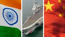 Dreiteilige Montage Flaggen, Indien, China und eines Chinesischen Flugzeugträgers