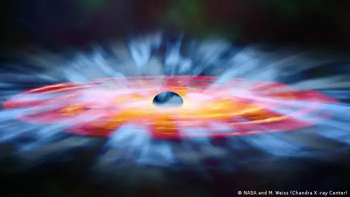 In this artist's illustration, turbulent winds of gas swirl around a black hole. Some of the gas is spiraling inward toward the black hole, but another part is blown away. Artwork Credit: NASA, and M. Weiss (Chandra X -ray Center)