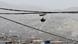 View of a smoggy city with a shoe hanging from electrical wires View of a smoggy city with a shoe hanging from electrical wires