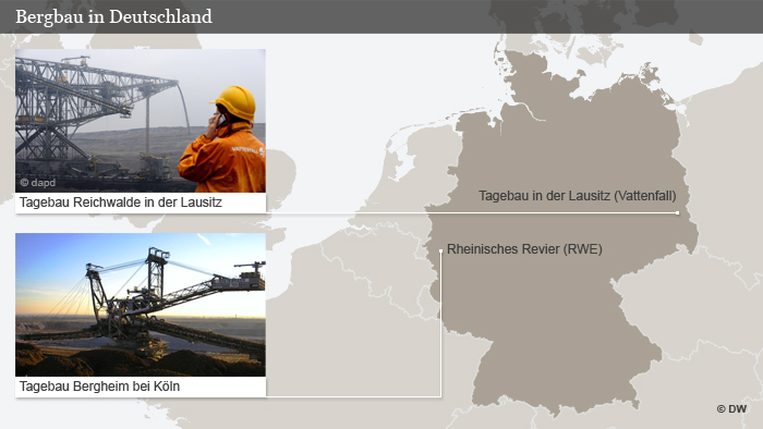 Deutschlandkarte mit Markierungen der Bergbaugebiete Rheinisches Revier und Tagebau in der Lausitz. --- DW-Grafik: Peter Steinmetz