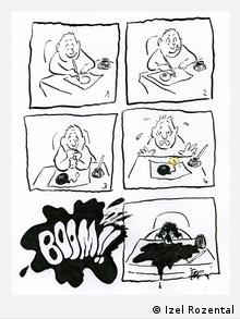 A Rozental comic showing a man drawing a bomb, which explodes and showers him with ink 