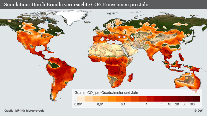 Infografik :Simulation: Durch Brände verursachte CO2-Emissionen pro Jahr; Copyright MPI für Meteorologie