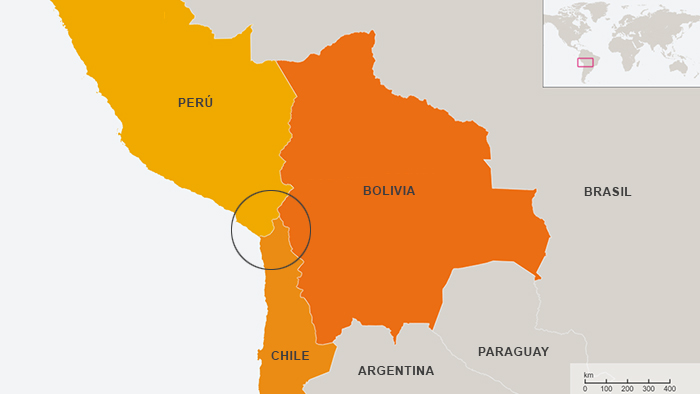 A map shows Bolivia, Peru and Chile touching one another