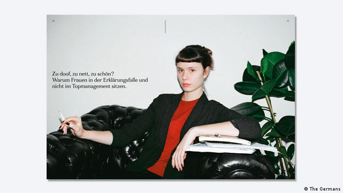 Doppelseite aus dem Magazin The Germans No. 2 mit Foto einer Frau in einem Ledersessel. Rechte: The Germans