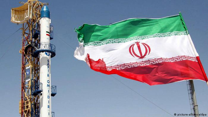 A satellite rocket before its launch in a space station at an undisclosed location in Iran
