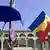 A European Union and a Romanian flag are seen at the University square on 30.12.2006 in Bucarest. Romania will join the EU the 1st of January 2007Photo Thierry Monasse +++(c) dpa - Report+++