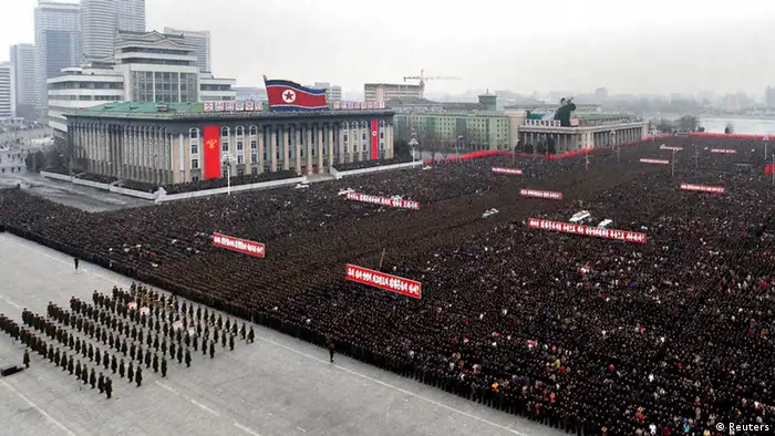 North Koreans attend a rally celebrating the country's third nuclear test at the Kim Il-Sung square in Pyongyang February 14, 2013 in this picture taken and released by the North's official KCNA news agency. North Korea conducted nuclear test on Tuesday. REUTERS/KCNA (NORTH KOREA - Tags: POLITICS MILITARY) ATTENTION EDITORS - THIS PICTURE WAS PROVIDED BY A THIRD PARTY. REUTERS IS UNABLE TO INDEPENDENTLY VERIFY THE AUTHENTICITY, CONTENT, LOCATION OR DATE OF THIS IMAGE. FOR EDITORIAL USE ONLY. NOT FOR SALE FOR MARKETING OR ADVERTISING CAMPAIGNS. THIS PICTURE IS DISTRIBUTED EXACTLY AS RECEIVED BY REUTERS, AS A SERVICE TO CLIENTS. QUALITY FROM SOURCE. NO THIRD PARTY SALES