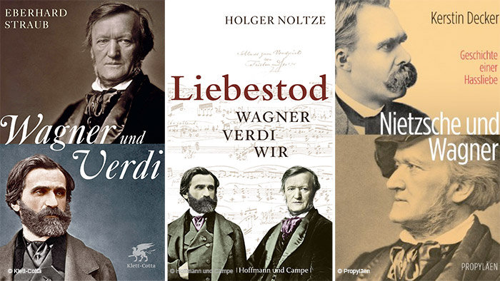 Several covers of books about Wagner are lined up together
