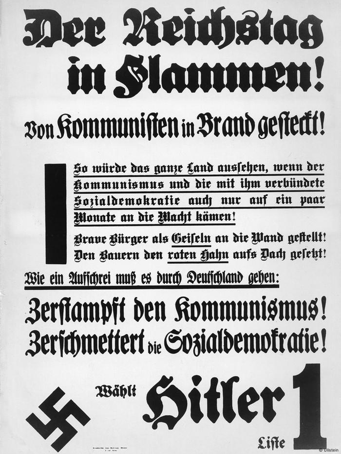 Propaganda eleitoral do Partido Nazista nas eleições de 5 de março de 1933, lembra o Incêndio no Reichstag e demoniza os comunistas.