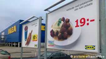 epa03600173 Advertising for Ikea meat balls in an Ikea store car park, in Malmo, Sweden, 25 February 2013. Furniture retailer Ikea says it has halted all sales of meat balls in Sweden after Czech authorities detected horse meat in frozen meatballs that were labeled as beef and pork. EPA/JOHANNES CLERIS SWEDEN OUT