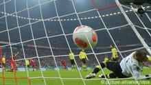 Ball enters net behind Dortmund goalkeeper Roman Weidenfeller.