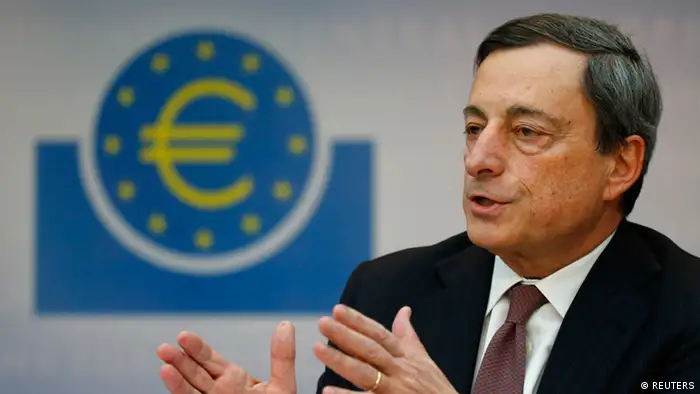 Mario Draghi, President of the European Central Bank (ECB) , addresses the media during his monthly news conference in Frankfurt, March 7, 2013. Draghi announced that the ECB leaves the interest rates unchanged. REUTERS/Kai Pfaffenbach (GERMANY - Tags: BUSINESS)