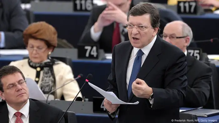 European Commission President Jose Manuel Barroso addresses the assembly, on March 13, 2013, at the European Parliament in Strasbourg, northeastern France. European Parliament votes today on a resolution on 2014-20 EU budget which includes a first-ever overall cut opposed by the head of the assembly and most MEPs. AFP PHOTO/FREDERICK FLORIN (Photo credit should read FREDERICK FLORIN/AFP/Getty Images)