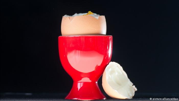 Braunes Ei in einem roten Eierbecher (Foto: picture-alliande/dpa)