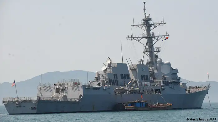 The guided missile destroyer USS Chafee is seen anchored as a group of Vietnamese navy's officers attend a disaster control training with US sailors at Tien Sa port in the central city of Danang on April 25, 2012. Three US 7th Fleet's ships including also the flagship USS Blue Ridge and the rescue and salvage ship USNS Safeguard are holding a five-day non-combatant naval exchange with Vietnamese navy in the port city of Danang. AFP PHOTO/HOANG DINH Nam (Photo credit should read HOANG DINH NAM/AFP/Getty Images)