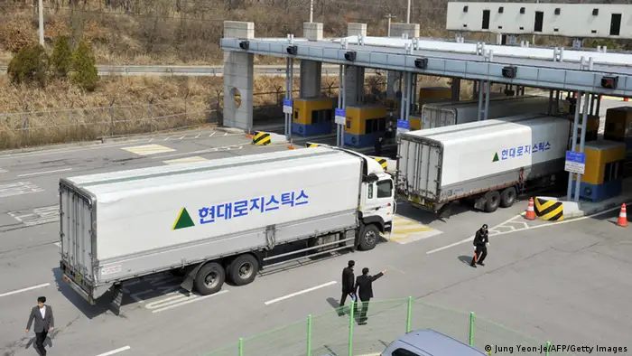South Korean trucks return back after they were banned access to Kaesong joint industrial park in North Korea, at a military check point of the inter-Korean transit office in Paju on April 3, 2013. North Korea blocked South Korean access to a key joint industrial zone on April 3, in a sharp escalation of tensions as Washington condemned Pyongyang's dangerous, reckless behaviour. AFP PHOTO / JUNG YEON-JE (Photo credit should read JUNG YEON-JE/AFP/Getty Images)