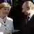 German Chancellor Angela Merkel welcomes Russian President Vladimir Putin for the opening of the Hannover Fair at the Congress Center in Hannover, Germany, Sunday April 7,2013. (AP Photo/Frank Augstein)