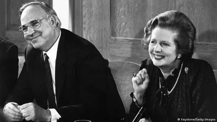 22nd April 1983: British prime minister Margaret Thatcher and her German counterpart, Helmut Kohl, at a press conference at Number 12 Downing Street, London. (Photo by Keystone/Getty Images)