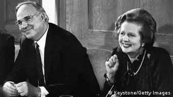 22nd April 1983: British prime minister Margaret Thatcher and her German counterpart, Helmut Kohl, at a press conference at Number 12 Downing Street, London. (Photo by Keystone/Getty Images)