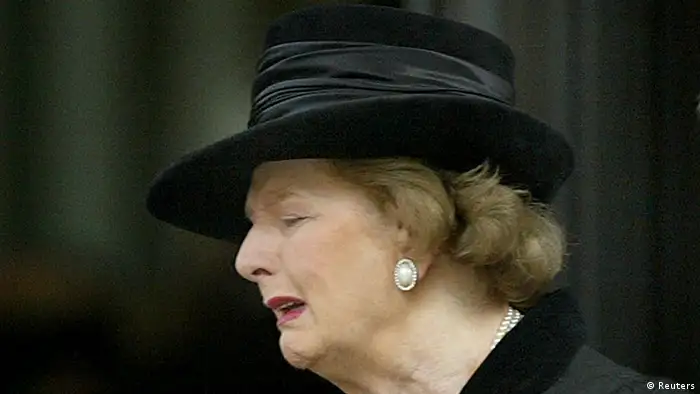 Britain's former Prime Minister Margaret Thatcher shows emotion as she leaves a service of remembrance for her late husband Sir Denis Thatcher who died in June 2003, in London in this October 30, 2003 file photo. Thatcher has died following a stroke, a spokesman for the family said. REUTERS/Toby Melville/Files (BRITAIN - POLITICS OBITUARY)