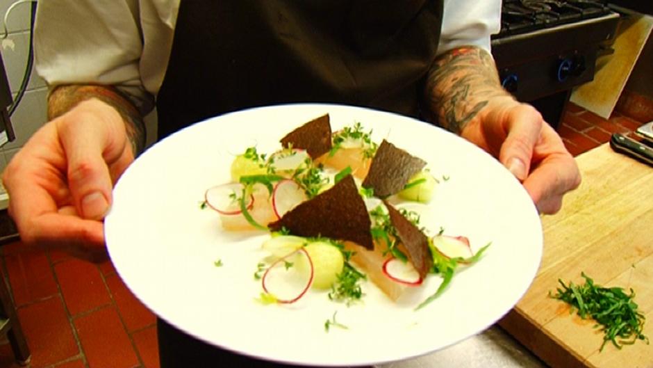 Smoked Haddock with salad on malt crackers DW 04/09/2013