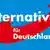 In white, the words "Alternative für Deutschland" stand out from a blue background with a red arrow swooping upward.