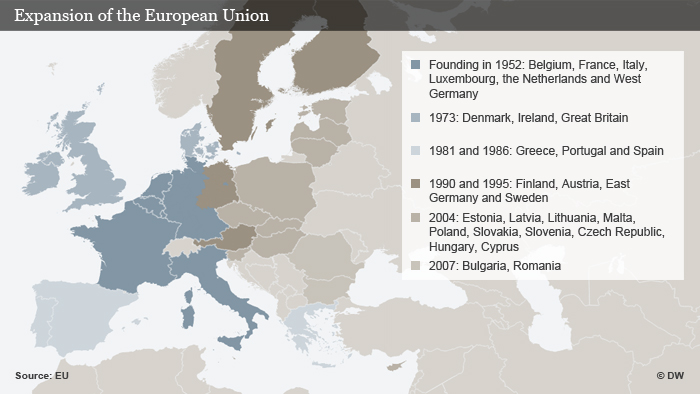 A map showing the dates on which various countries joined the EU