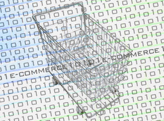 A computer graphic shows a shopping cart in a digital environment