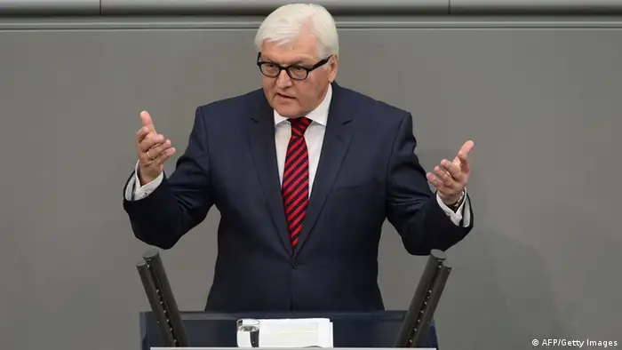SPD Bundestag Faction leader Frank-Walter Steinmeier delivers a speech at the German parliament prior to vote on a bailout package for debt-mired Cyprus, with approval expected by a clear majority, in Berlin on April 18, 2013. AFP PHOTO / JOHN MACDOUGALL (Photo credit should read JOHN MACDOUGALL/AFP/Getty Images)