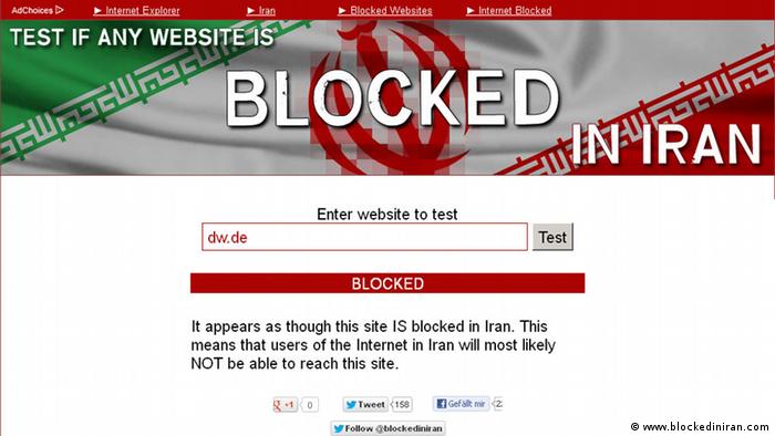 A screenshot of the website, blockediniran.com, shows the sites that blocked in that country. Tags: Iran, DW, Sperrung, Zensur, Internetzensur