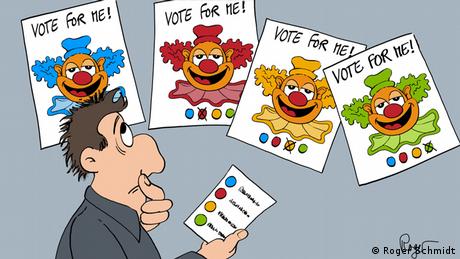 Karikatur des Zeichners Roger Schmidt: Über vier Clownplakaten, die sich nur durch die Fraben unterscheiden, steht: Vote for me . davor steht ein ratloser Wähler mit Stimmzettel.
Roger Schmidt hat Foto: Schmidt 