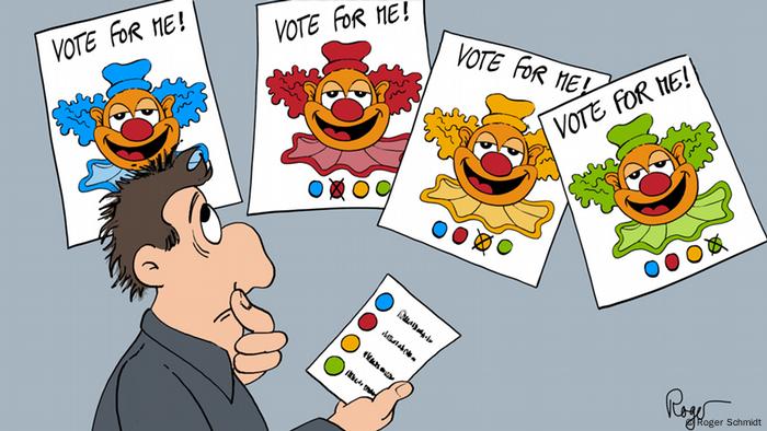 Karikatur des Zeichners Roger Schmidt: Über vier Clownplakaten, die sich nur durch die Fraben unterscheiden, steht: Vote for me . davor steht ein ratloser Wähler mit Stimmzettel.
Roger Schmidt hat Foto: Schmidt 