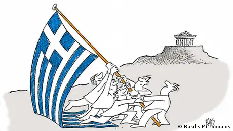 Karikatur des Zeichners Basilis Mitropoulos: Mehrere Männer versuchen die griechische Fahne hochzuwuchten. Im Hintergrund die Akropolis.