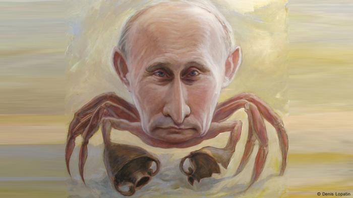 Farbige Karikatur von Denis Lopatin. Putins Kopf sitzt auf einem Krebskörper
Bild geliefert von DW/Suzanne Cords.
