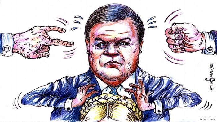 Farbige Karikatur des Ukrainers Oleg Smal. Präsident Ynaukovich hält die Hände über die Zöpfe seiner Vorgängerin Timotschenko. Zwei Hände spielen Schnick, Schnack, Schnuck
