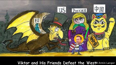 Farbige Karikatur von Armin Langer : Der ungarische Ministerpräsident Viktor Orbán steht als Ritter vor einer heuschrecke, die die EU symbolsiert. Hinter ihm Russland als Matrjoschkapuppe und China als winkende Katze
Armin Langer hat uns die Karikatur verkauft, die Rechte liegen also bei der DW.
Bild geliefert von DW/Suzanne Cords.
