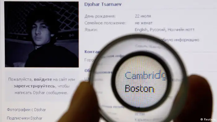 A photograph of Djohar Tsarnaev, who is believed to be Dzhokhar Tsarnaev, a suspect in the Boston Marathon bombing, is seen on his page of Russian social networking site Vkontakte (VK), as pictured on a monitor in St. Petersburg April 19, 2013. Tsarnaev posted links to Islamic websites and others calling for Chechen independence on what appears to be his page on the site. Police launched a massive manhunt for Tsarnaev, 19, after killing his older brother Tamerlan Tsarnaev in a shootout overnight. REUTERS/Alexander Demianchuk (RUSSIA - Tags: CRIME LAW CIVIL UNREST TPX IMAGES OF THE DAY)