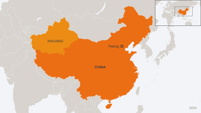 Map of China showing Xinjiang in the northwest of the country. 