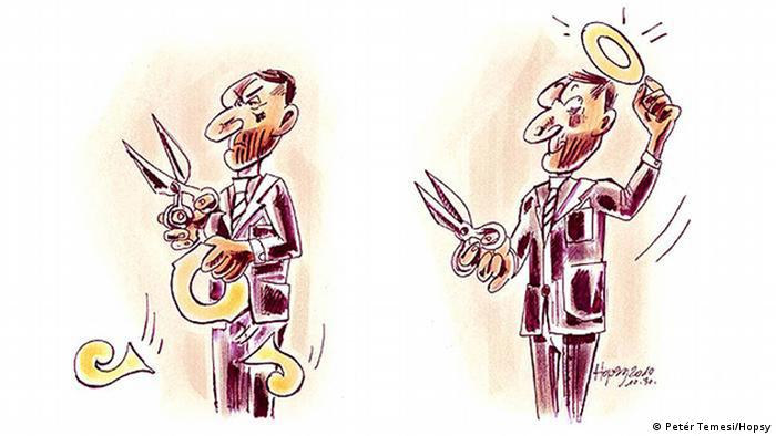 Карикатура Петера Темеши. Мужчина в костюме и с галстуком вырезал себе из буквы закона нимб.