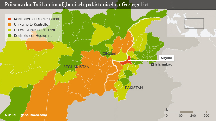 Infografik Präsenz der Taliban im afghanisch-pakistanischen Grenzgebiet DEU