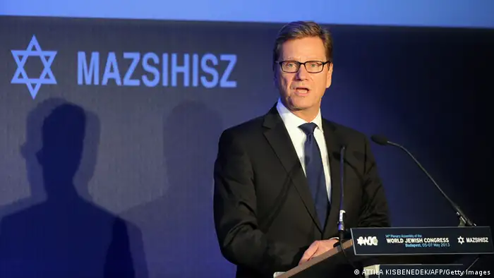 German Foreign Minister Guido Westerwelle delievers his speech during the 14th Plenary Assembly of the World Jewish Congress (WJC) in Budapest on May 6, 2013. The WJC opened in Budapest with hundreds of representatives of worldwide Jewish communities in attendance, even as Hungary has come under fire for rising anti-Semitism. AFP PHOTO / ATTILA KISBENEDEK (Photo credit should read ATTILA KISBENEDEK/AFP/Getty Images)
