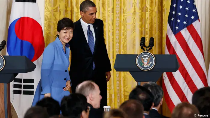 U.S. President Barack Obama and South Korea's President Park Geun-hye depart a joint news conference in the East Room of the White House in Washington, May 7, 2013. REUTERS/Kevin Lamarque (UNITED STATES - Tags: POLITICS)