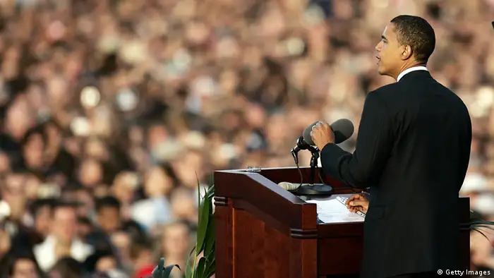BERLIN - JULY 24: Presumptive U.S. Democratic presidential candidate Sen. Barack Obama (D-IL) speaks in front of the Siegessaeule at the Grosser Stern in Tiergarten on July 24, 2008 in Berlin, Germany. According to reports, police confirmed that about 200,000 people attended the speech by Obama on the historic U.S.-German partnership and the need to strengthen transatlantic relations to meet 21st century challenges. (Photo by Carsten Koall/Getty Images)