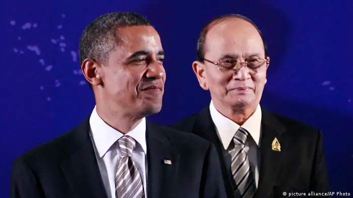 [39610358] Barack Obama, Thein Sein FILE - In this Nov. 19, 2011 file photo, President Barack Obama, left, stands next to Myanmar President Thein Sein during a group photo session at the East Asia Summit in Nusa Dua, on the island of Bali, Indonesia. Thein Seins historic White House visit next week is the culmination of U.S. outreach to a former pariah regime. Thats been based on a principle of taking action for action by deepening ties in response to democratic reforms. (AP Photo/Charles Dharapak, File)