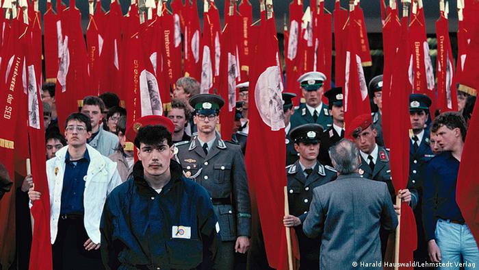 A political gathering of the Free German Youth on Marx Engels Platz in Berlin, 1989, photo by Harald Hauswald
