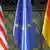 Die Flaggen der USA, der EU und der Bundesrepublik Deutschland (dpa)